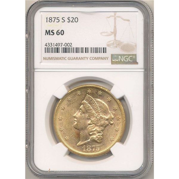 Rare Date 1875-S Gold $20 Liberty Head NGC MS60