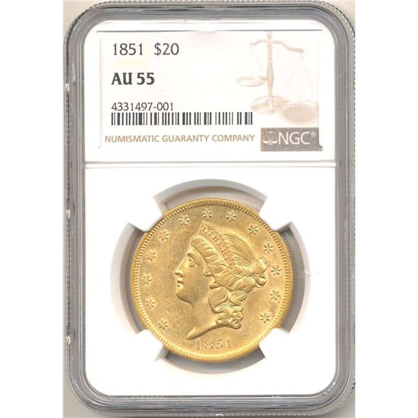 Rare Date 1851 Gold $20 Liberty Head NGC AU55
