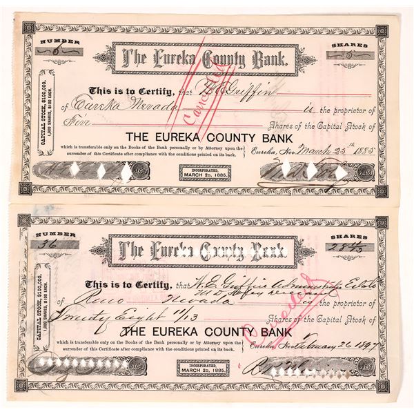 Eureka County Bank Stock Pair, 1885 and 1897 [174642]