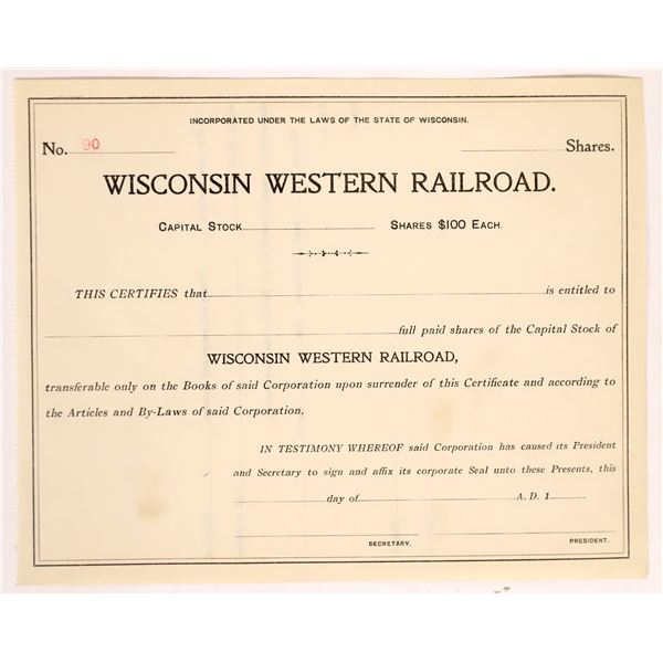 Wisconsin Western  Railroad Stock [174230]