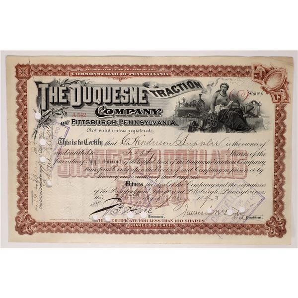 Duquesne Traction Co Stock 1893 1 cert [176014]