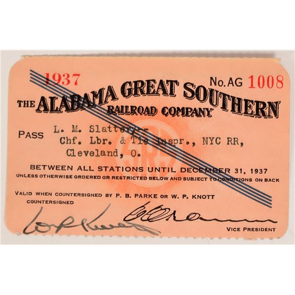 Alabama Great Southern Railroad Pass 1937 [179929]