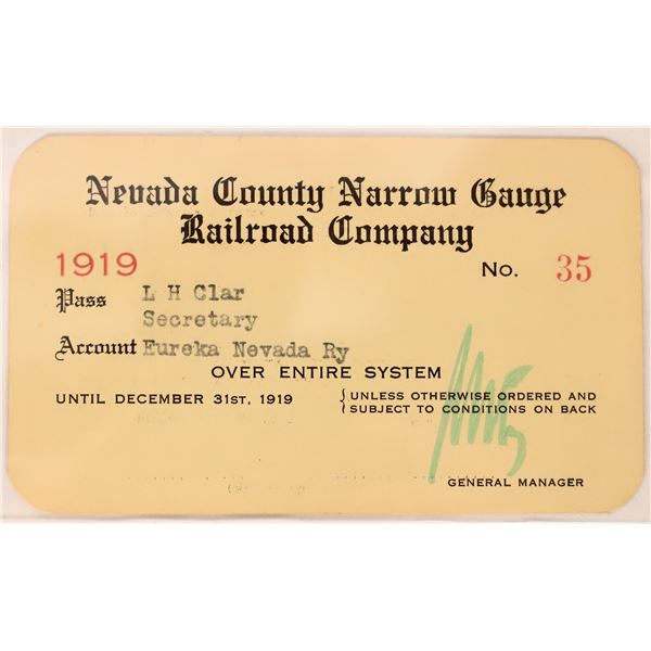 Nevada County Narrow Gauge RR Co pass. 1919 [179483]