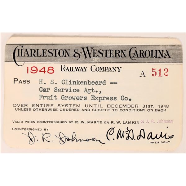 Charleston & Western Carolina Railway Pass 1948 [179908]