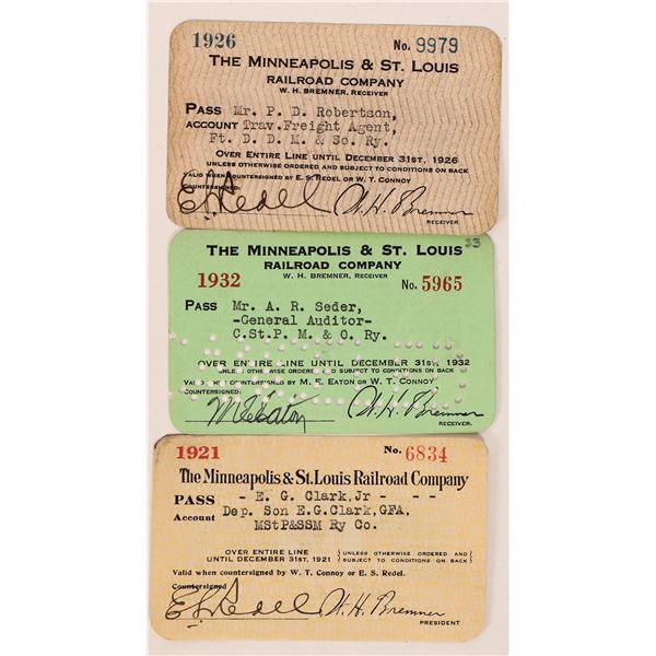 Minneapolis & St. Louis Railroad Passes, 3 Different [179854]