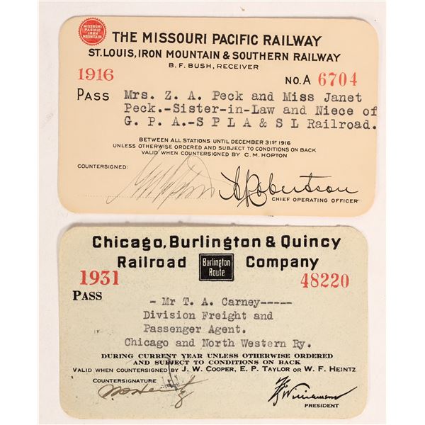 Missouri Pac Rwy, Chicago Burlington & Quincy RR Co. Passes, 1916, 1931.  [179802]