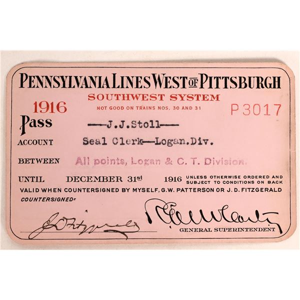 Pennsylvania Lines West of Pittsburgh, Annual Pass, 1916. [179815]