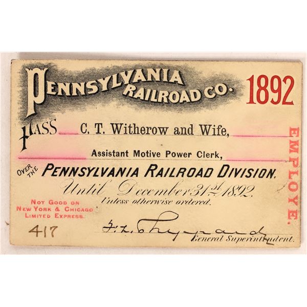 Pennsylvania Railroad Co. Annual Pass, 1892. [179825]