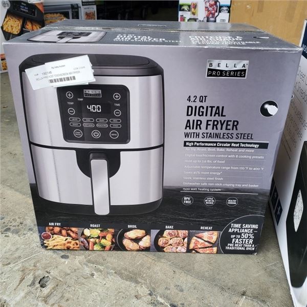 BELLA PRO 4.2QT TOUCHSCREEN AIR FRYER - TESTED WORKING, RETAIL $199