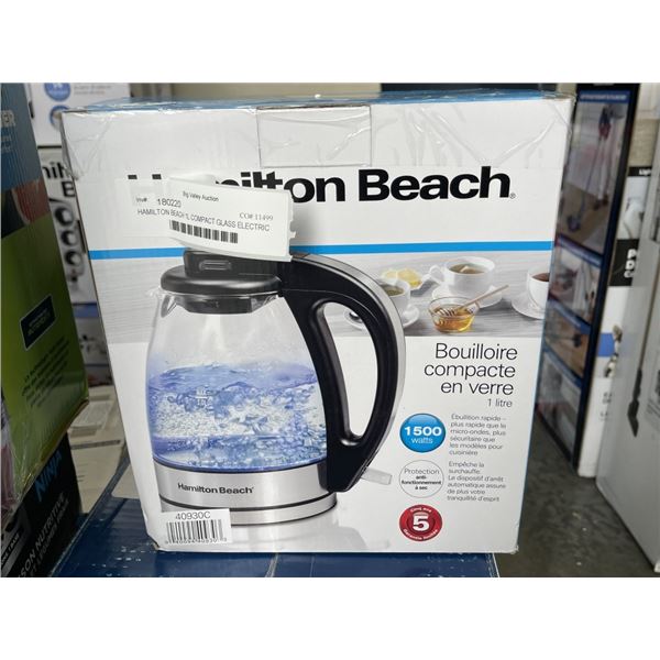 HAMILTON BEACH 1L COMPACT GLASS ELECTRIC KETTLE - TESTED WORKING, RETAIL $39