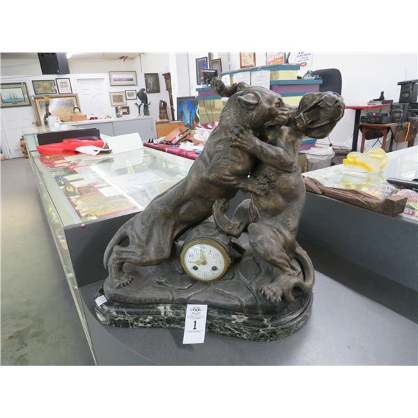 Cast Bronze ? Sculpture Lions Fighting w/Clock & Marble Base