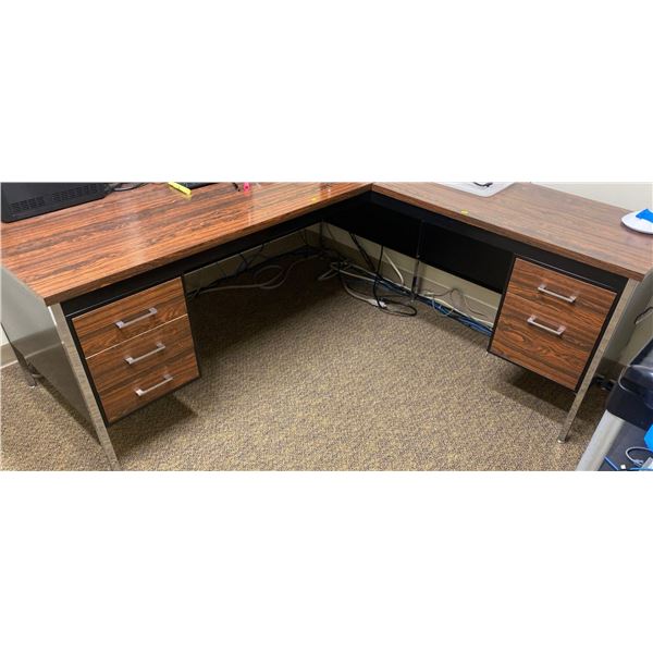 Retro L shaped Laminate Chestnut Wood On Black Metal Desk