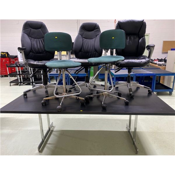 Large Black Boardroom Table on chrome legs 84W48D32H With 3 Decent Computer Chairs & 2 Retro Stools