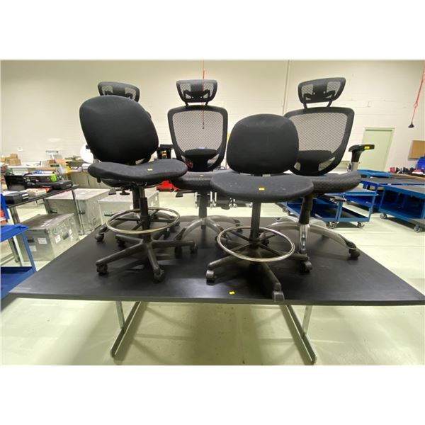 Large Black Lunchroom Table on chrome legs 84W48D32H With 3 Decent Computer Chairs & 2 Retro Stools