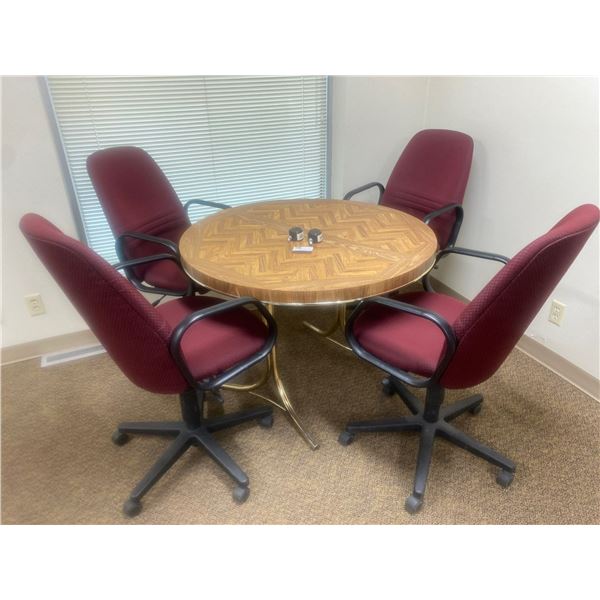 Vintage Table Wood Laminate on Fo Brass 42W x 30H With 4 Rolling Arm Chairs