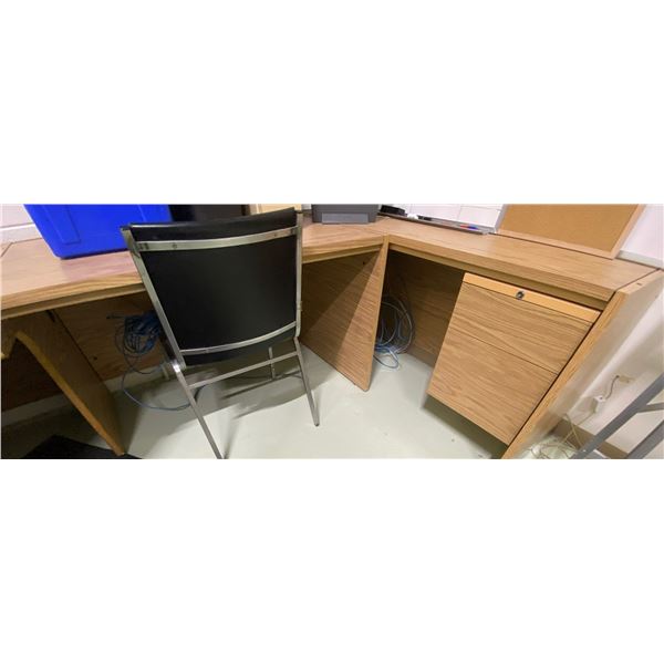 Large U shaped Light Brown Laminate Desk With Deadly Black On Chrome Vintage Restaurant Chair