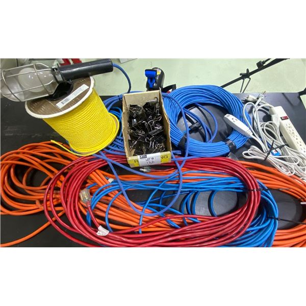 Assortment Of Extension Cords, Power Bars, Shop Light,& Roll Of Yellow Twine Rope