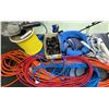 Image 1 : Assortment Of Extension Cords, Power Bars, Shop Light,& Roll Of Yellow Twine Rope