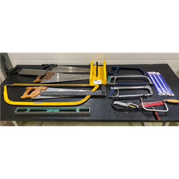 Assortment of Various Saw Styles & Level Stick w/ extra Saw Blades