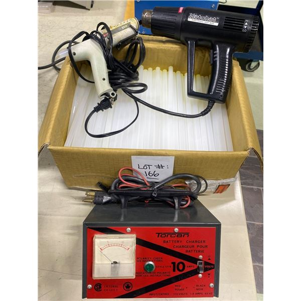 Torcan Battery Charger, Heat Gun, Industrial Glue Gun & Entire Box Of Large Glue Stick Refills