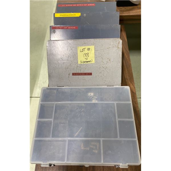 Six Shop Storage Containers with Contents  4 Metal 2 Plastic