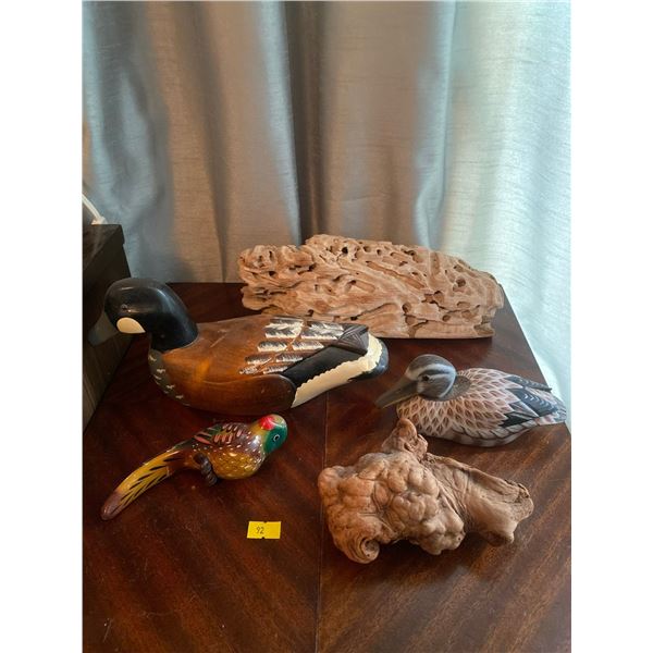 Decorative Wooden And Clay Duck Statues With Drift Wood