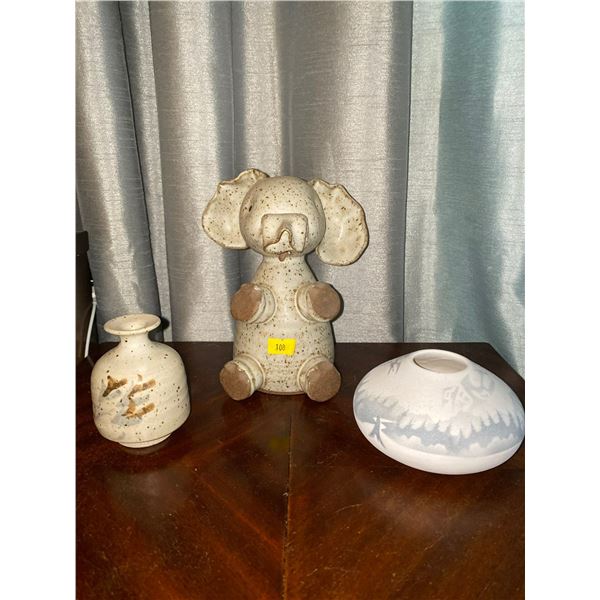 Pottery Elephant Statue With Two Clay Vases