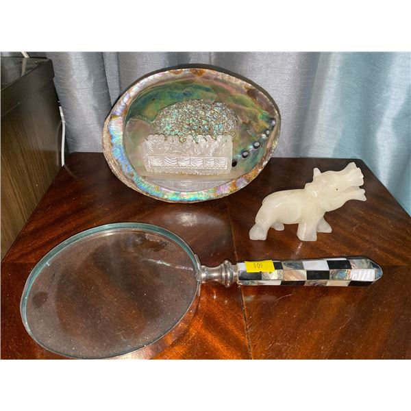 Mother Of Pearl Last Supper In Shell With Stone Hippopotamus And Magnify Glass