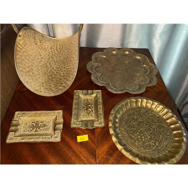 Assortment Of Antique Brass Plates And Ashtrays