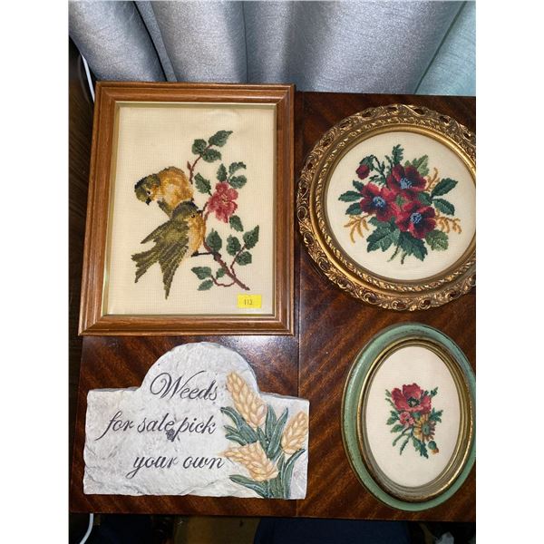 Set Of Framed Embroidery And Lawn Stone