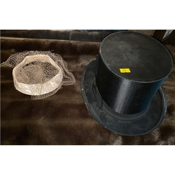 Antique Top Hat And Womens Head piece With Large Faux Fur Scarf