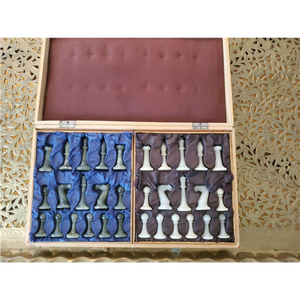 Antique Wood Chess Board Jade Pieces