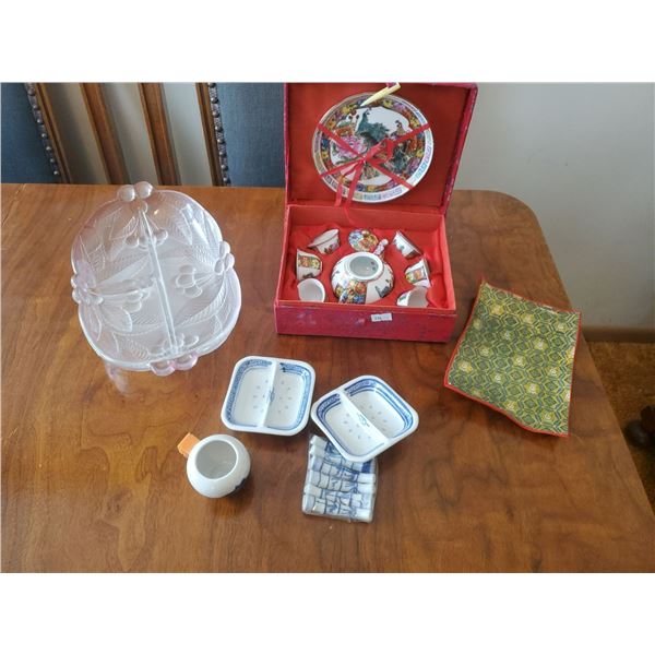 Asian Tea Set, Rose Frosted Glass Dish