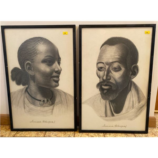 Charcoal Drawings Ethiopian Man & Woman 14 x 22