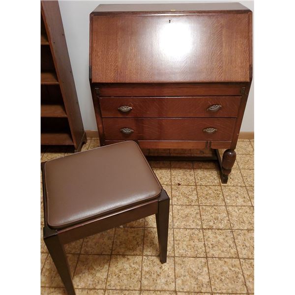 Vintage Dark Oak FlipTop Desk With Stool