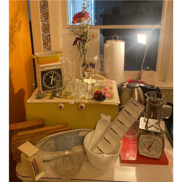 Antique Breadbox Scales MeasuringCups Crystal With MilkGlass Tray & Other Various Kitchen Items