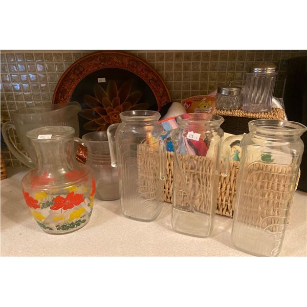 5 Clear Vintage Glass Jugs - Tray - Coasters - Snoopy - Couple Baskets & Rando Kitchen Items