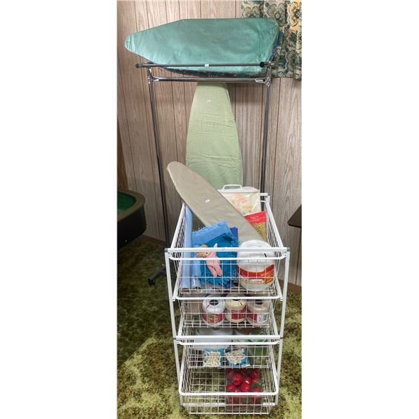Metal Rolling Rack 2 Ironing Boards w/ Metal Organizer & It's Contents