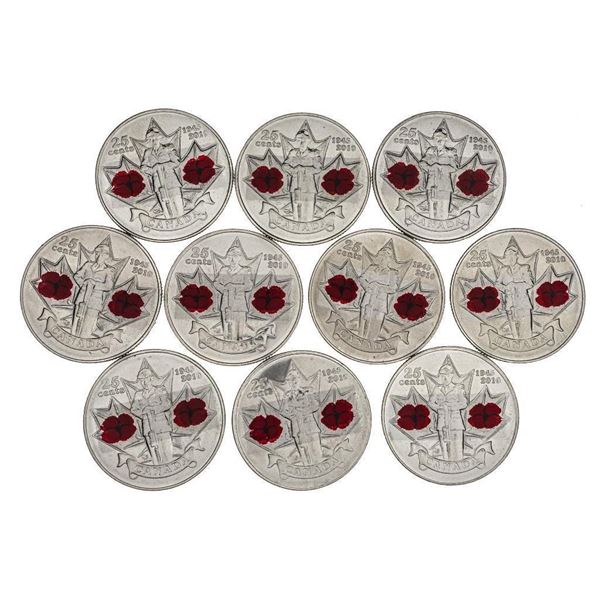 Lot of 10 Canada 2010 25 Cent Quarters Poppy