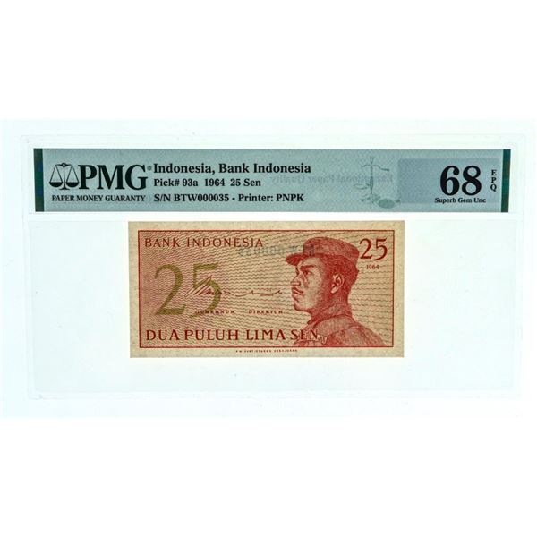 Indonesia Bank Indonesia 1964 Pick# 93a 25 Sen SUPERB GEM UNC PMG 68