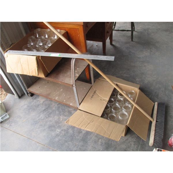 TV Stand, (2) Boxes of Glass Jars, Push Broom