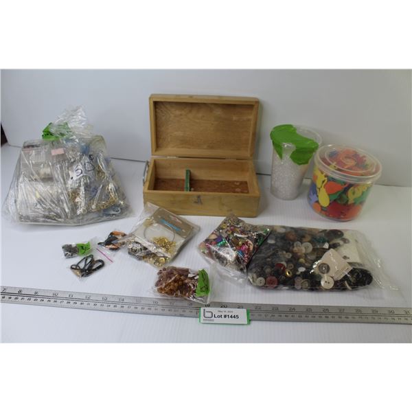 Wooden Hinged Box - Crafting Items - Buttons - Felt Animal Cut-outs - Beads - Hooks - Picture Wall H