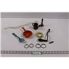 Image 1 : Various Items - Small Enameled Pan and Spoon, Crank Handle, White Chain, Rings, Small Rusty Watering