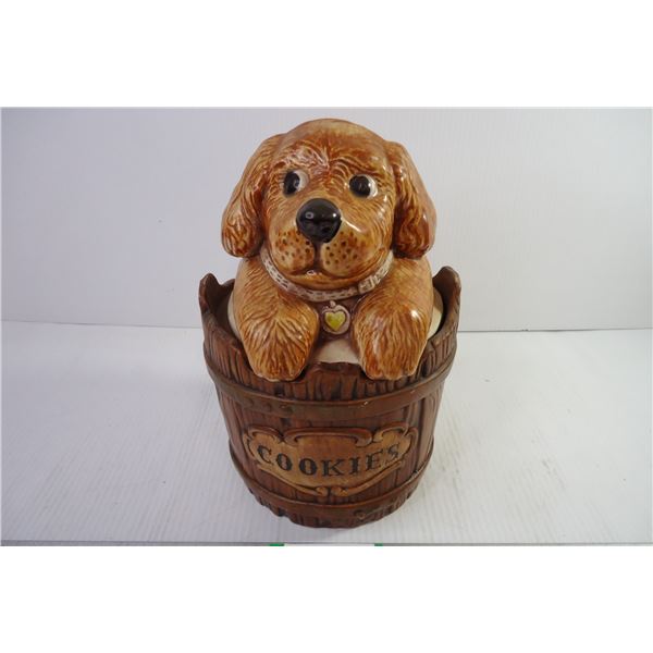 Vintage Ceramic Puppy in Bucket/Barrel Cookie/Treasure Jar-Made in U.S.A.