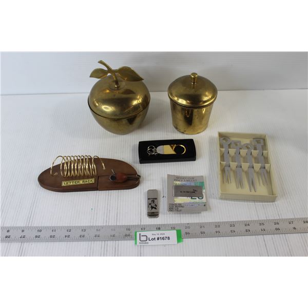 (2) Brass Bowls With Lids, Letter Rack, Keychain, (2) Money Clips, etc.