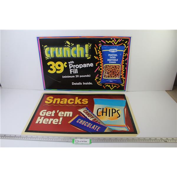 (2) 2 Sided Plastic Crunch Sign - Plastic Snacks Sign (22" x 14")