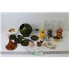 Image 1 : (3) Bud Vases - Acrylic Etched Cubes - Assorted Ornaments - Ceramic Shell Ashtray - Wooden Dish Set 