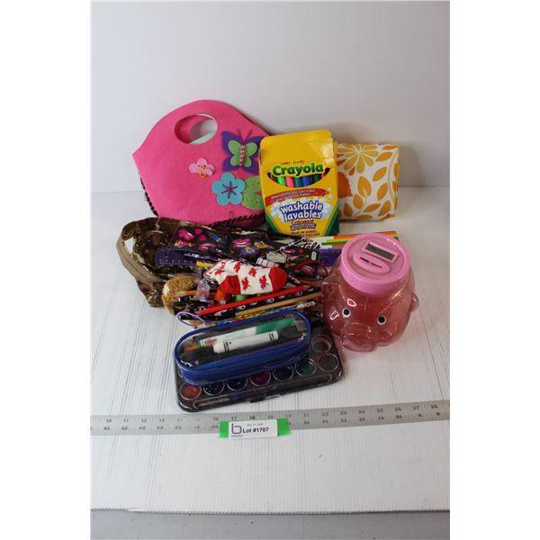 Pencils, Rulers, Erasers, Art Supplies, Coin Bank, Purses, etc.