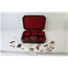 Image 1 : Wooden Jewelry Box w/Assorted Costume Jewelry - Brooches - Necklace - Clip-on Earrings - Hat Pins