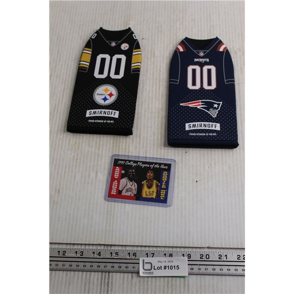 (2) Beer NFL Cozies - New England, Pittsburgh, Shaq O'Neal Rookie Card